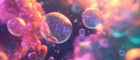 Naklejka premium Vibrant Abstract Bubbles Floating in Colorful Liquid, Macro Photography