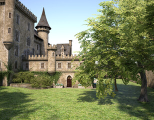Medieval chateau summer scene 3d render. No AI used