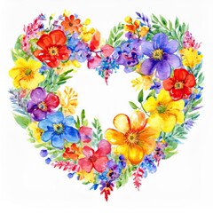 Colorful watercolor heart wreath made of flowers and foliage for decoration or greeting cards