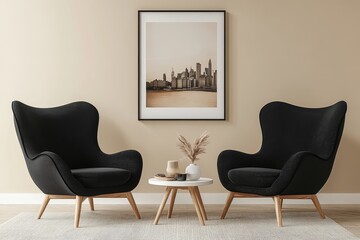 Photorealistic mockup of two black armchairs with wooden legs and curved arms, a small white coffee table with decor, and a framed cityscape print on a beige wall.