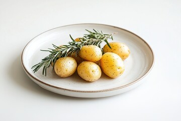 Whole roasted potatoes with golden skin and rosemary sprigs, placed on a clean white plate.