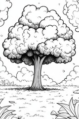 Naklejka premium A whimsical black and white drawing of a fluffy tree in a grassy field under a cloudy sky.