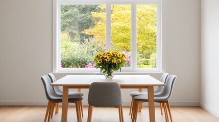 Bright and Airy Dining Room with Vibrant Outdoor Garden View and Modern Furniture