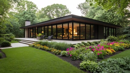 Obraz premium Contemporary Glass-Walled Home Nestled in Vibrant Flower Garden Oasis