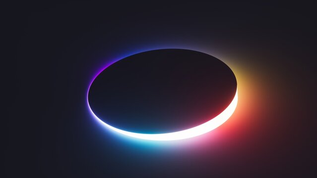 3d render. Abstract geometric background. Glowing round shape and bright gradient neon light in the dark. Modern wall lamp creating futuristic vibes