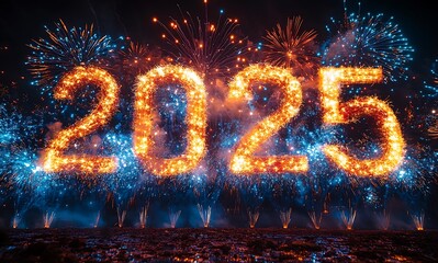 Happy New Year 2025 with Fireworks in the Background.

