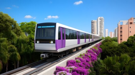 Naklejka premium Modern Elevated Train Transit System in City with Lush Greenery