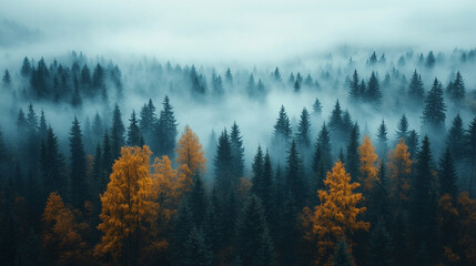 Aerial view of a dense autumn forest blanketed by fog, creating a serene and mystical atmosphere. The vibrant foliage of red, orange, and gold symbolizes transformation, renewal, and the beauty of cha