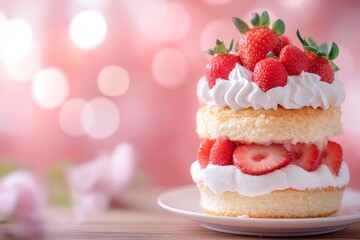 Delicious Classic Strawberry Shortcake with Whipped Cream on Wooden Table in Soft Blurred Background