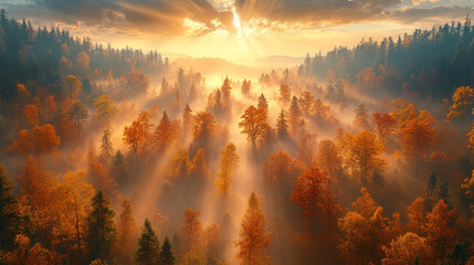 Fototapeta premium Aerial view of a dense autumn forest blanketed by fog, creating a serene and mystical atmosphere. The vibrant foliage of red, orange, and gold symbolizes transformation, renewal, and the beauty of cha