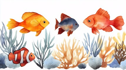 Fototapeta premium Vibrant Watercolor of Tropical Coral Reef with Diverse Marine Life