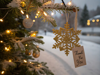 A snowdusted Christmas tree adorned with warm lights, silver ornaments, and a golden snowflake ornament with a Thank You tag. Winter scene backdrop.