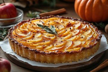 A pie with apples on top and a leaf on the side