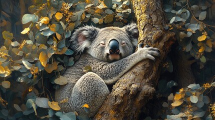 A koala peacefully clings to a tree among lush green leaves.