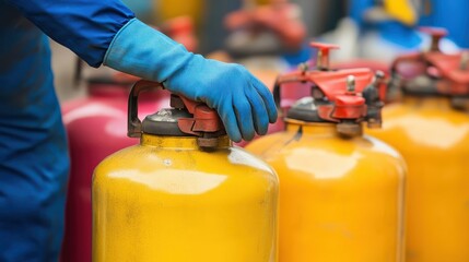 Worker in Blue Gloves Handling Safety Equipment with Colorful Gas Cylinders at Industrial Facility for Gas and Chemical Storage and Handling Safety Procedures