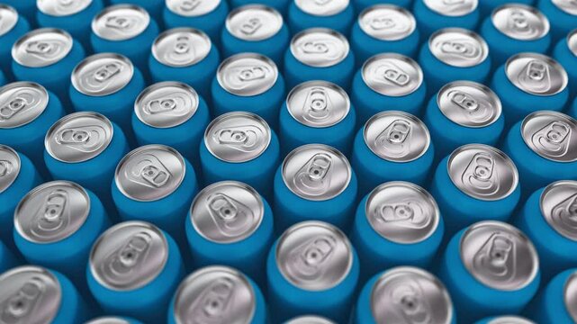 Realistic camera tracking over blue aluminum cans. Beverage industry. Looping video, 3d render