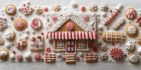 Gingerbread house with peppermint candy decorations and festive cookies