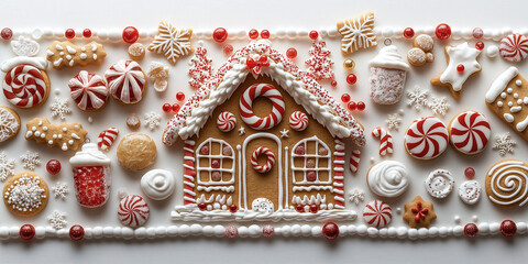 Gingerbread house with red and white candy decorations and Christmas cookies