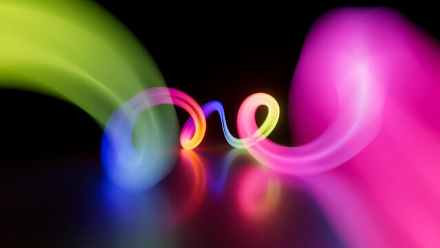 3d render, abstract party wallpaper, representation of light waves in neon color gradient against a dark background. Out of focus effect