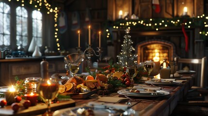 Dining table served for festive Christmas dinner in kitchen