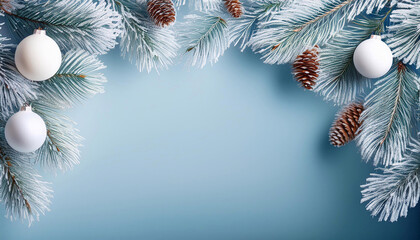 Fototapeta na wymiar Boże Narodzenie i Nowy Rok, niebieskie tło świąteczne, stroik świąteczny z choinki, białe bombki, ramka, puste miejsce na tekst i życzenia