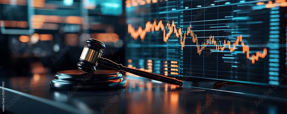 Poster futuristic digital courtroom setup with a glowing gavel and interactive charts data visualizations a