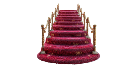Luxurious red carpeted staircase with golden railing isolated on transparent background