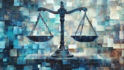 Merging technology and legal symbolism with law scales on a computer monitor.
