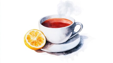 Watercolor Painting of Steaming Cup of Tea with Lemon Slice on White Background