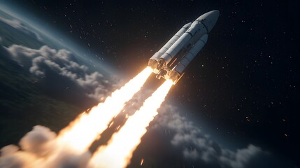 Stunning Visual of a Modern Cinematic Spaceship Launching into the Cosmos, Showcasing Powerful Rockets and a Dramatic Night Sky Filled with Stars