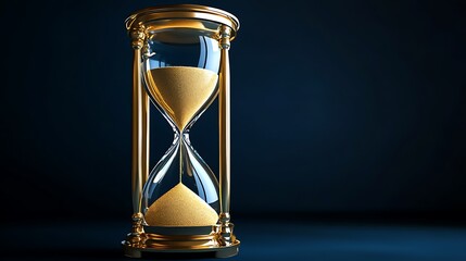 Vintage hourglass with golden sand isolated on dark blue solid background, elegant and timeless theme