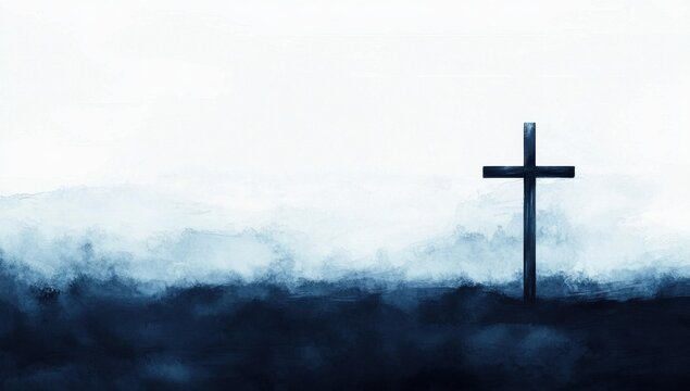 The misty ambiance draws attention to a cross by the ground.