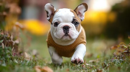 A white puppy is running on the grass
