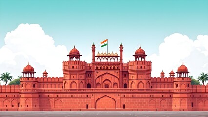Illustration of the Red Fort with the Indian flag on a clear day
