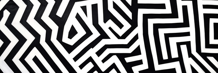 Abstract maze-like geometric design, with interconnected pathways in bold black and white. 