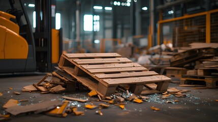 Close-Up of a Fallen Forklift Pallet Surrounded by Debris in an Industrial Warehouse Setting, Highlighting Warehouse Safety Concerns and Maintenance Issues