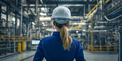 Fototapeta premium A female engineer in blue overalls and a white helmet examines a digital screen, with industrial production lines and a blurred factory hall in the background, representing a data visualization