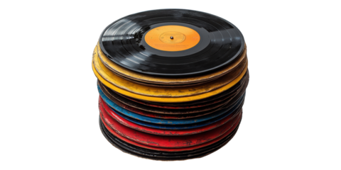 Stack of vintage vinyl records in multiple colors isolated on transparent background