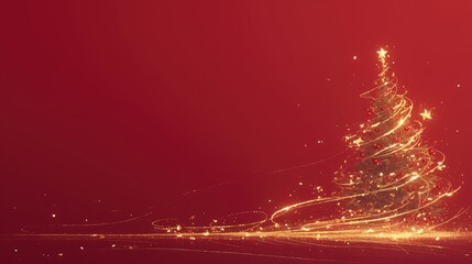 Christmas background with a glowing abstract Christmas tree on a red backdrop, featuring golden light effects and elegant lines forming a festive and luxurious design. Ideal for holiday greetings