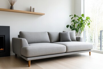 modern living room decor, a gray corner sofa sits cozily in a serene room corner, complemented by a chic shelving unit and fireplace, blending modern style with comfort