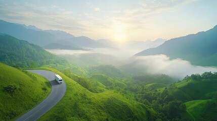 Fototapeta premium Scenic View of a Truck Driving Along a Winding Road Through Lush Green Hills and Misty Mountains at Sunrise, Capturing Nature's Tranquility