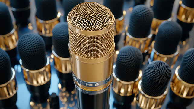 shining golden microphone stands out among many black microphones, creating striking visual
