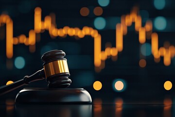 Wooden gavel against a backdrop of glowing digital financial charts symbolizing the pivotal role of data analysis and decision making in the financial industry