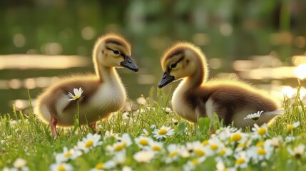 Obraz premium Two newborn ducklings on the grass