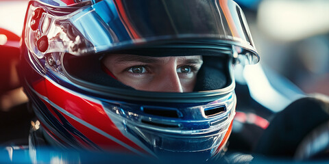 Fototapeta premium A professional sports car racer in a helmet, skillfully navigating an auto on the track, showcasing extreme speed and precision.