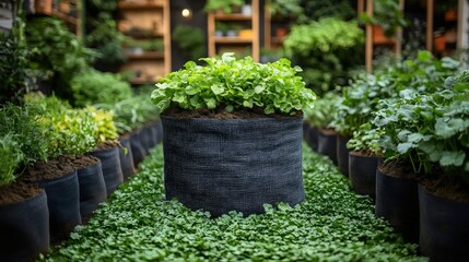 A row of potted plants with a black pot in the middle