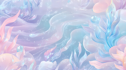 Fantasy seamless background with pastel mermaid theme and iridescent sea elements , mermaid, fantasy, seamless. Opalescent. Illustration © Thiago