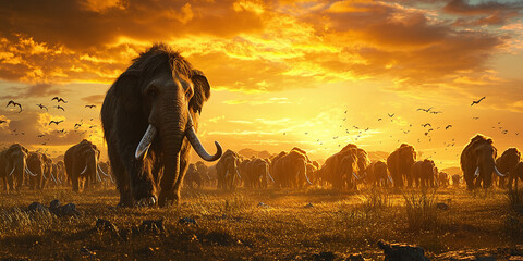 A majestic mammoth in its natural habitat, showcasing the grandeur and power of this ancient, extinct creature from the Ice Age.