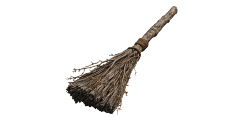 Rustic witch broom made of twigs isolated on transparent background