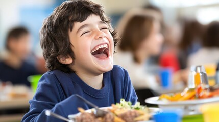 Happy Child Enjoying Meal in School Cafeteria, Laughing Joyfully with Friends Around, Capturing the Essence of Youthful Delight and Social Bonding During Lunchtime